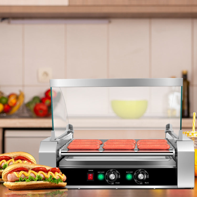 Asador de perritos calientes de acero inoxidable de 11 rodillos, capacidad para 30 perritos calientes