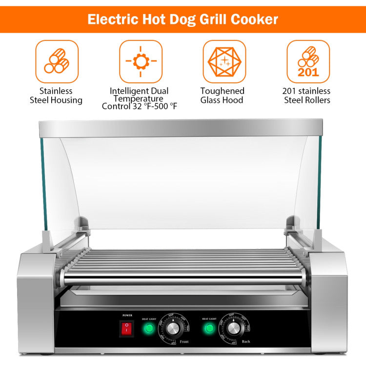 Asador de perritos calientes de acero inoxidable de 11 rodillos, capacidad para 30 perritos calientes