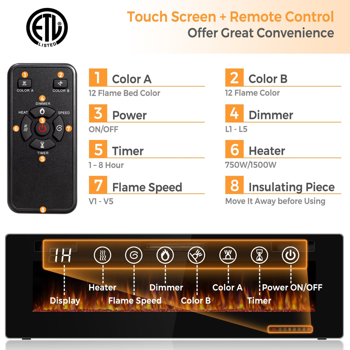 Chimenea eléctrica ultrafina de 60 pulgadas con 2 configuraciones de calor