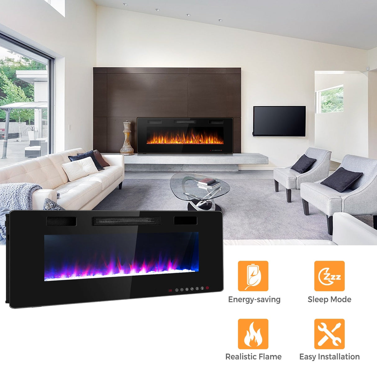 Chimenea eléctrica ultrafina de 60 pulgadas con 2 configuraciones de calor