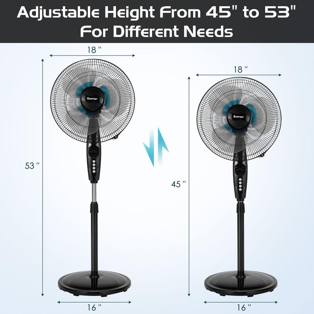 Ventilador de pedestal silencioso y oscilante de 16 pulgadas con altura ajustable para el hogar y la oficina