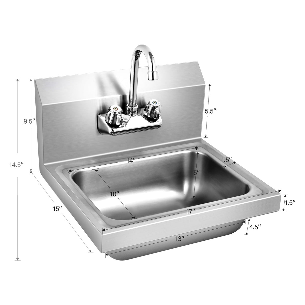 Fregadero de acero inoxidable de montaje en pared para lavarse las manos con grifo y salpicadero trasero