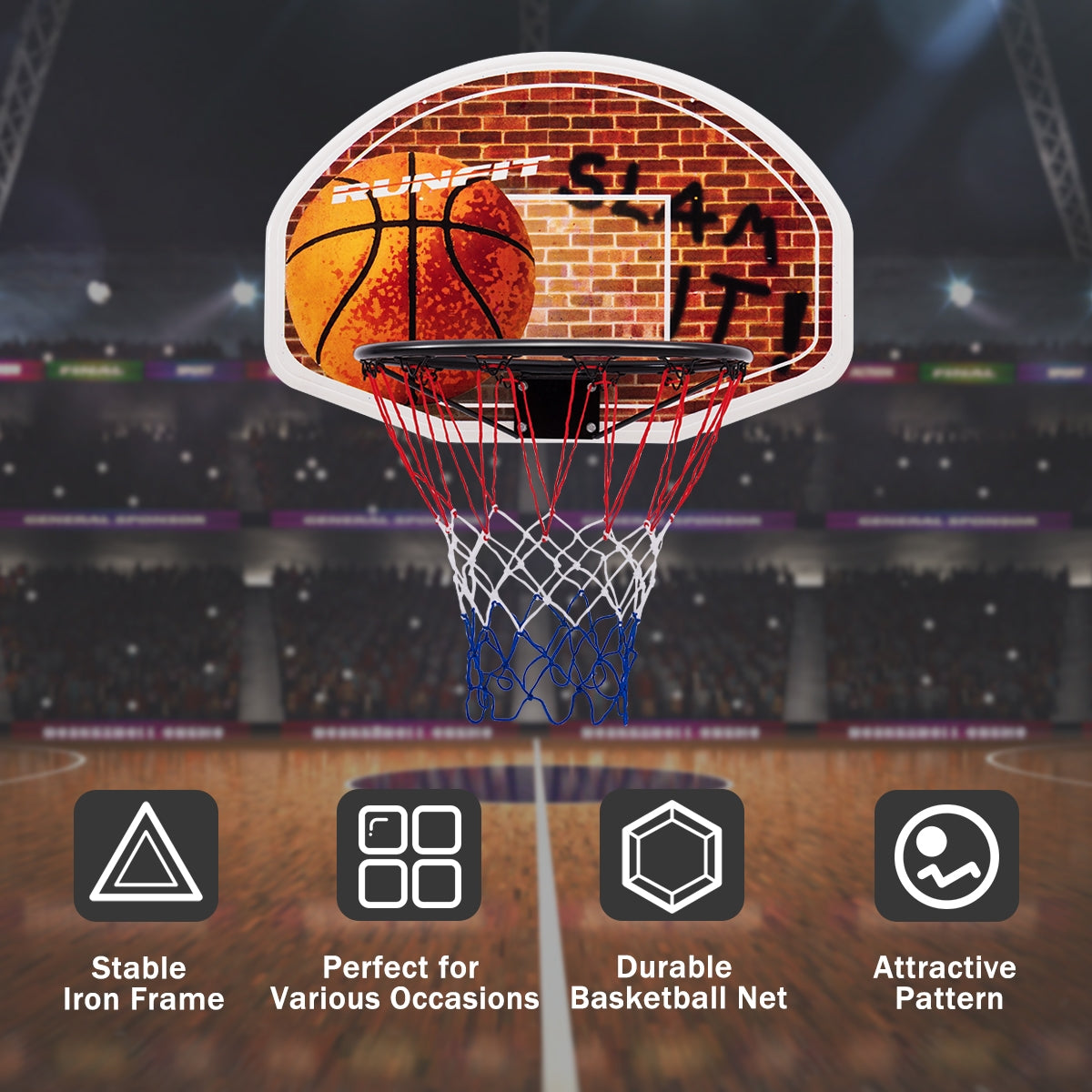 Tablero de baloncesto montado en la pared con aro y 2 redes