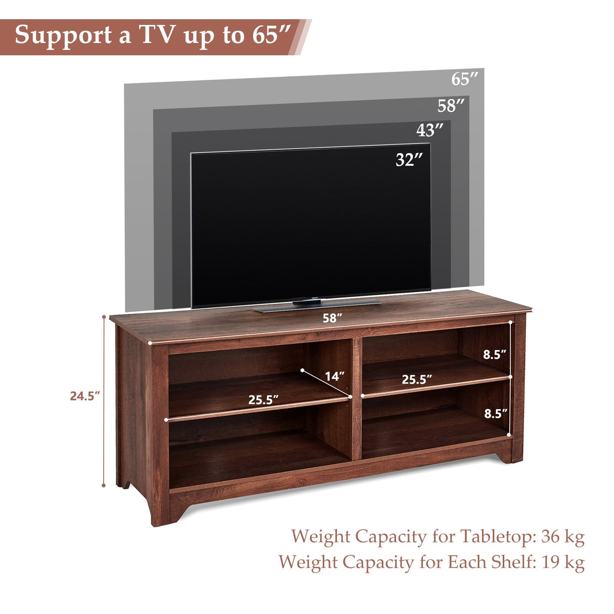 Mueble para TV de madera de 58 pulgadas para televisores de hasta 65 pulgadas con 4 estantes de almacenamiento abiertos