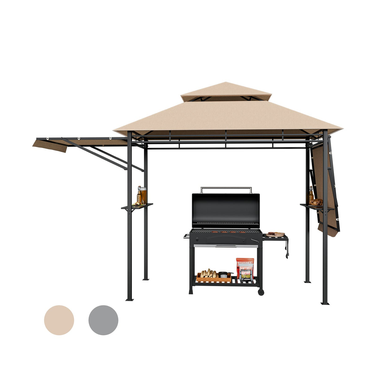 Cenador con toldo para barbacoa de 13.5 x 4 pies con toldos laterales dobles