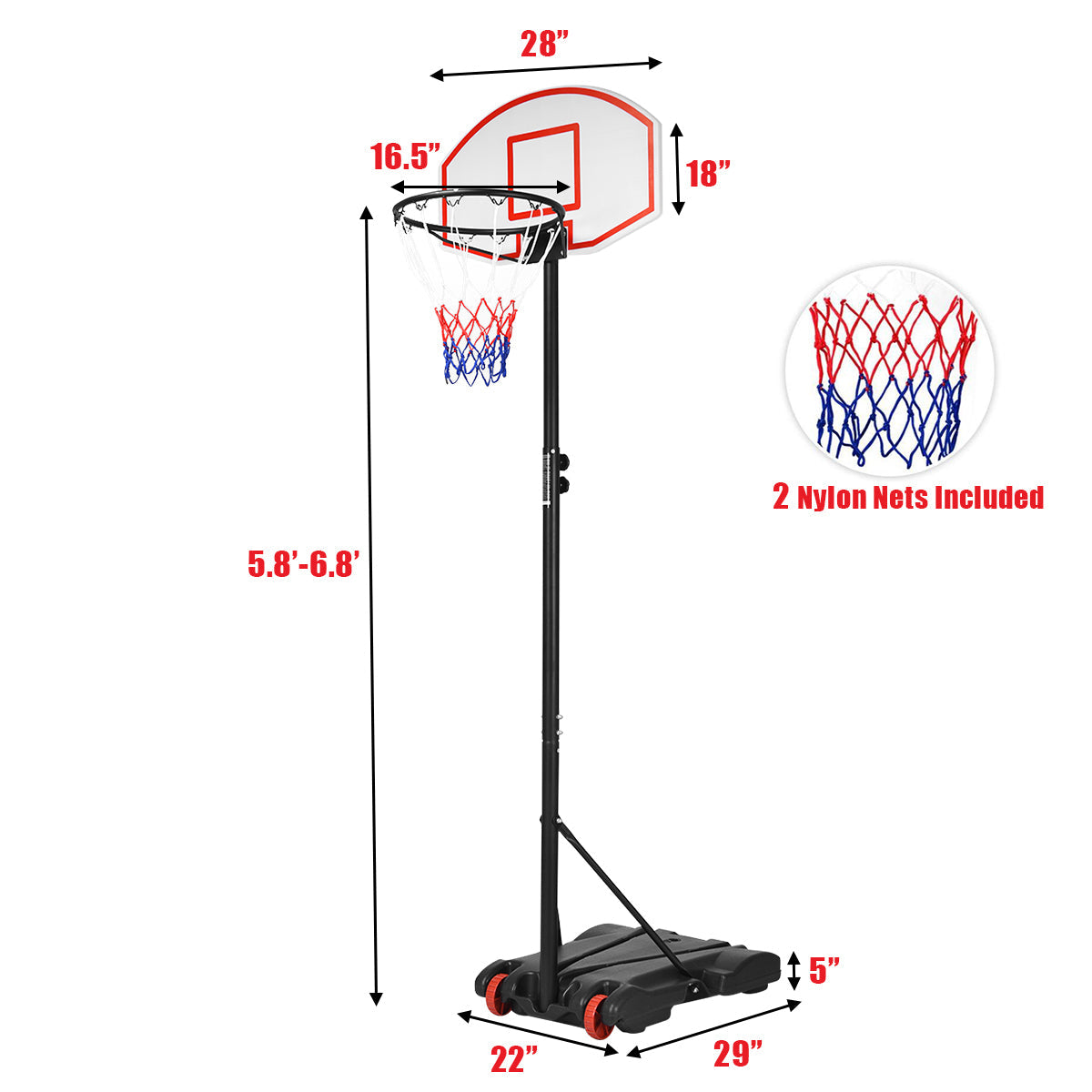 Sistema de aro de baloncesto ajustable con soporte y ruedas