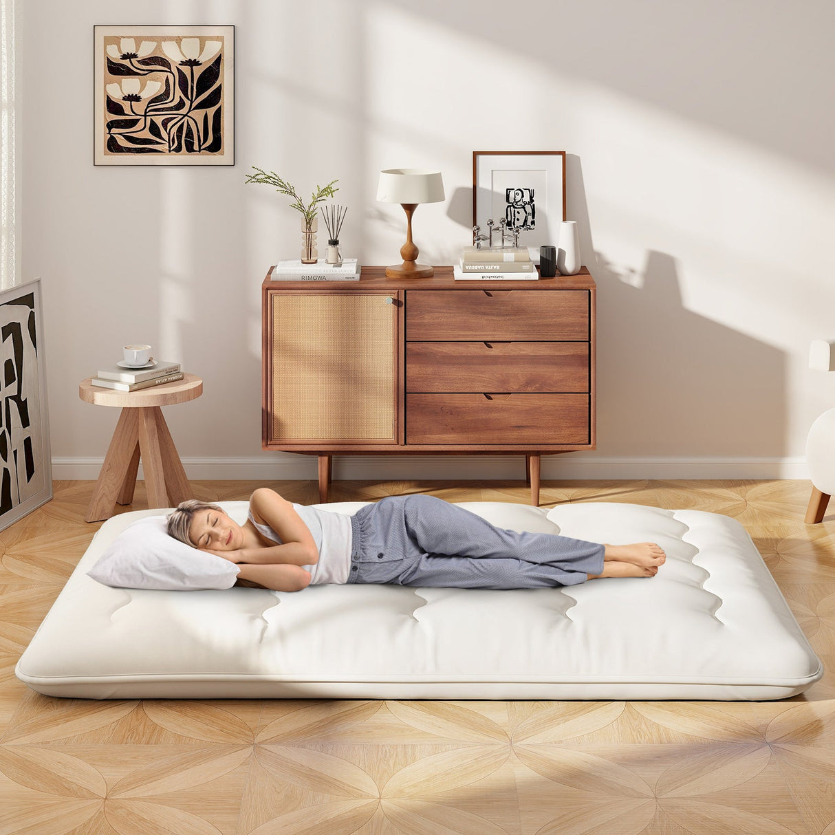 Colchón/Colchoneta para Futón de Piso con Funda Lavable Tamaño Queen/King/Twin/Full Beige