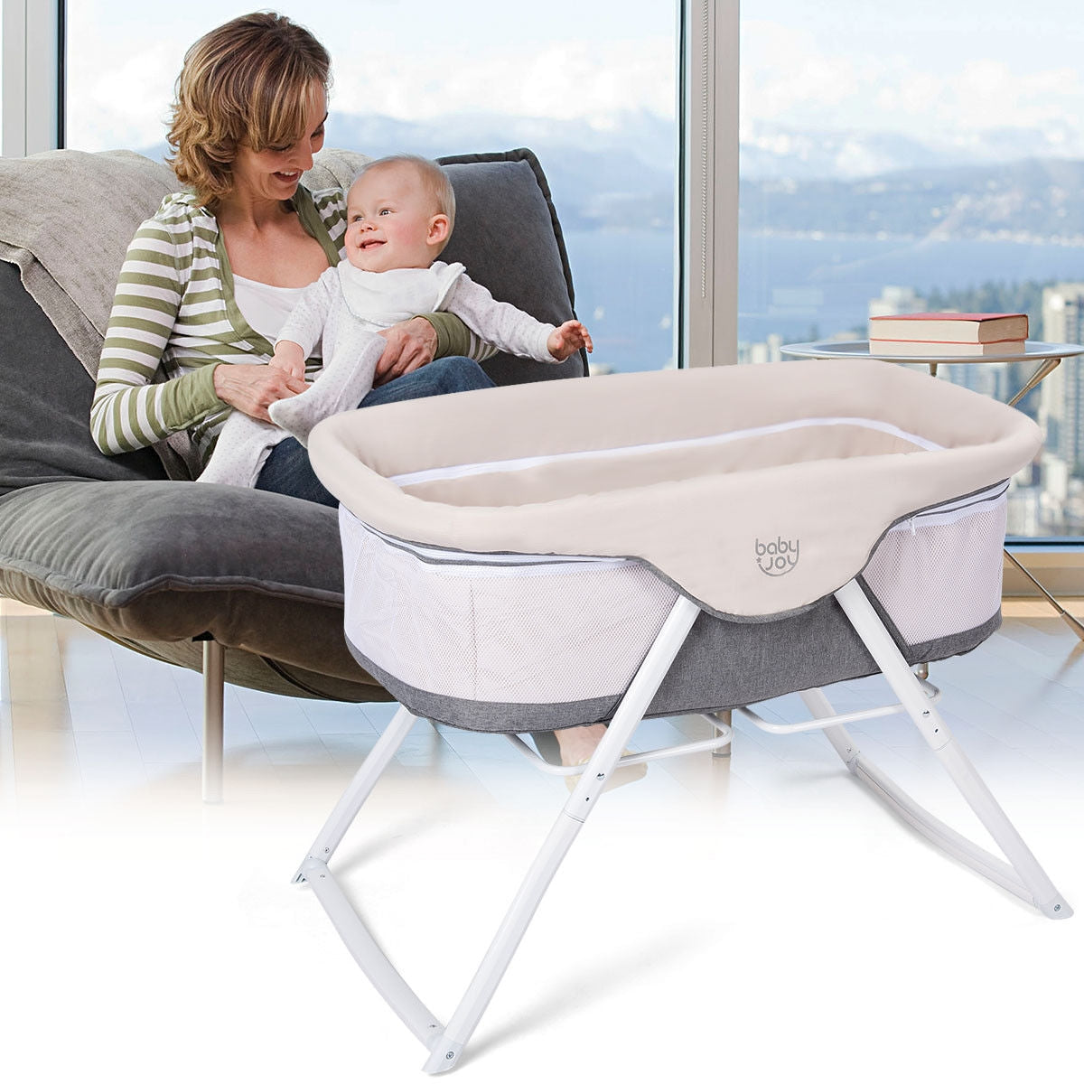 Moisés de bebé balancín portátil plegable para recién nacidos - Gris