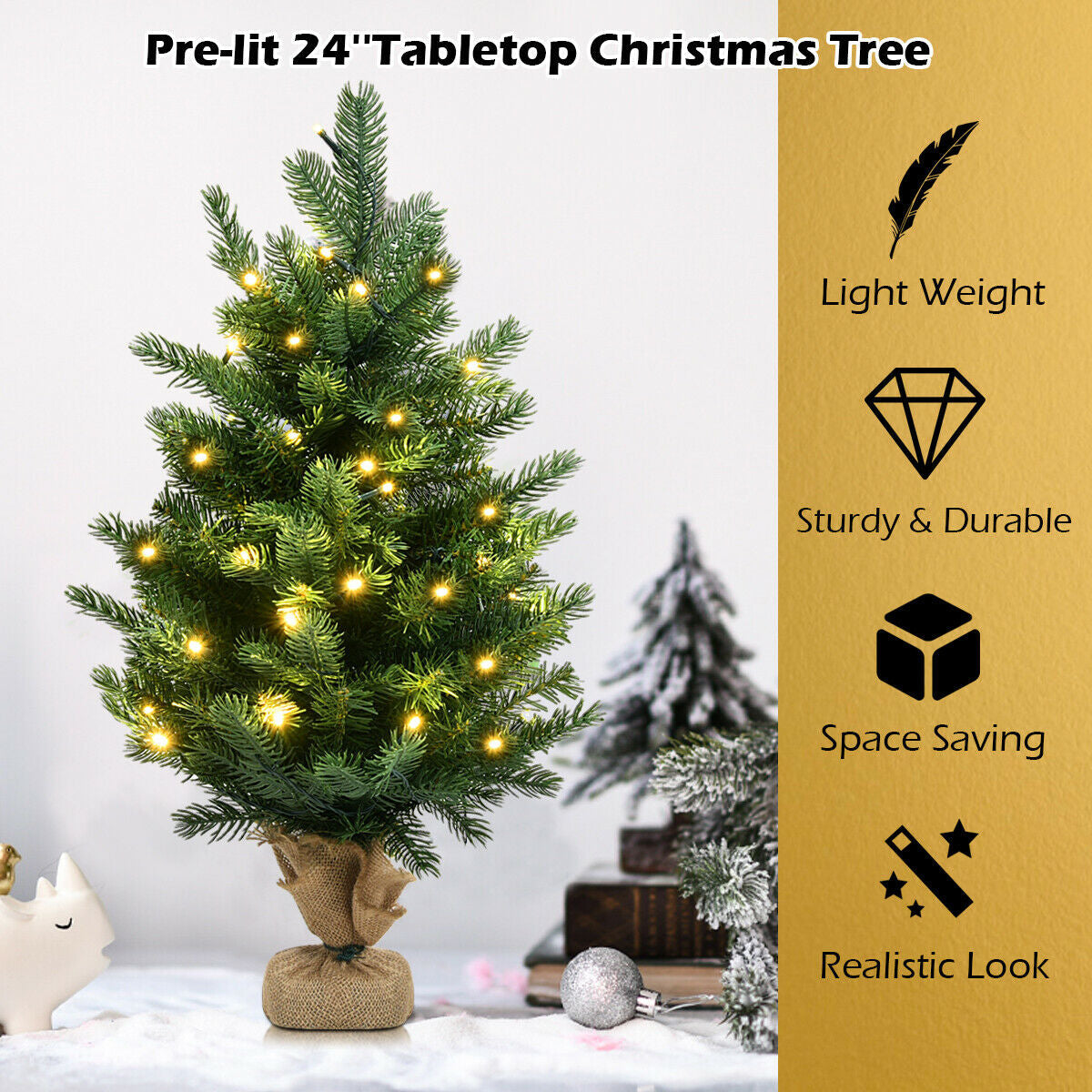 Árbol de Navidad artificial de abeto de 24 pulgadas para mesa con luces LED