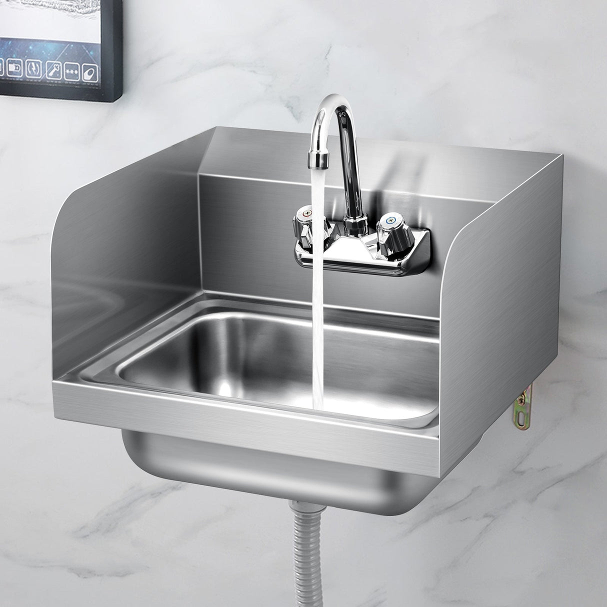 Fregadero de Pared de Acero Inoxidable para Lavado de Manos con Grifo y Protección Lateral