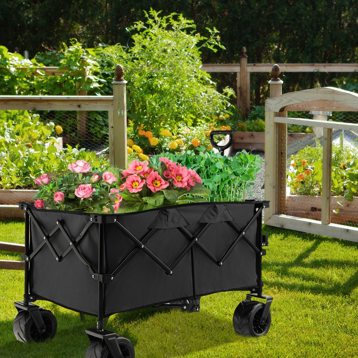 Carro utilitario plegable para jardín con ruedas anchas y mango ajustable