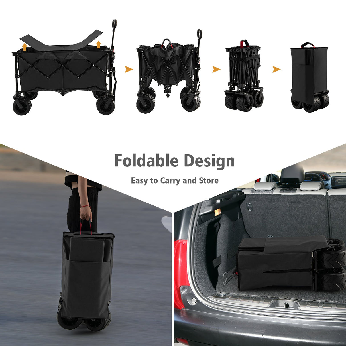 Carro utilitario plegable para jardín con ruedas anchas y mango ajustable