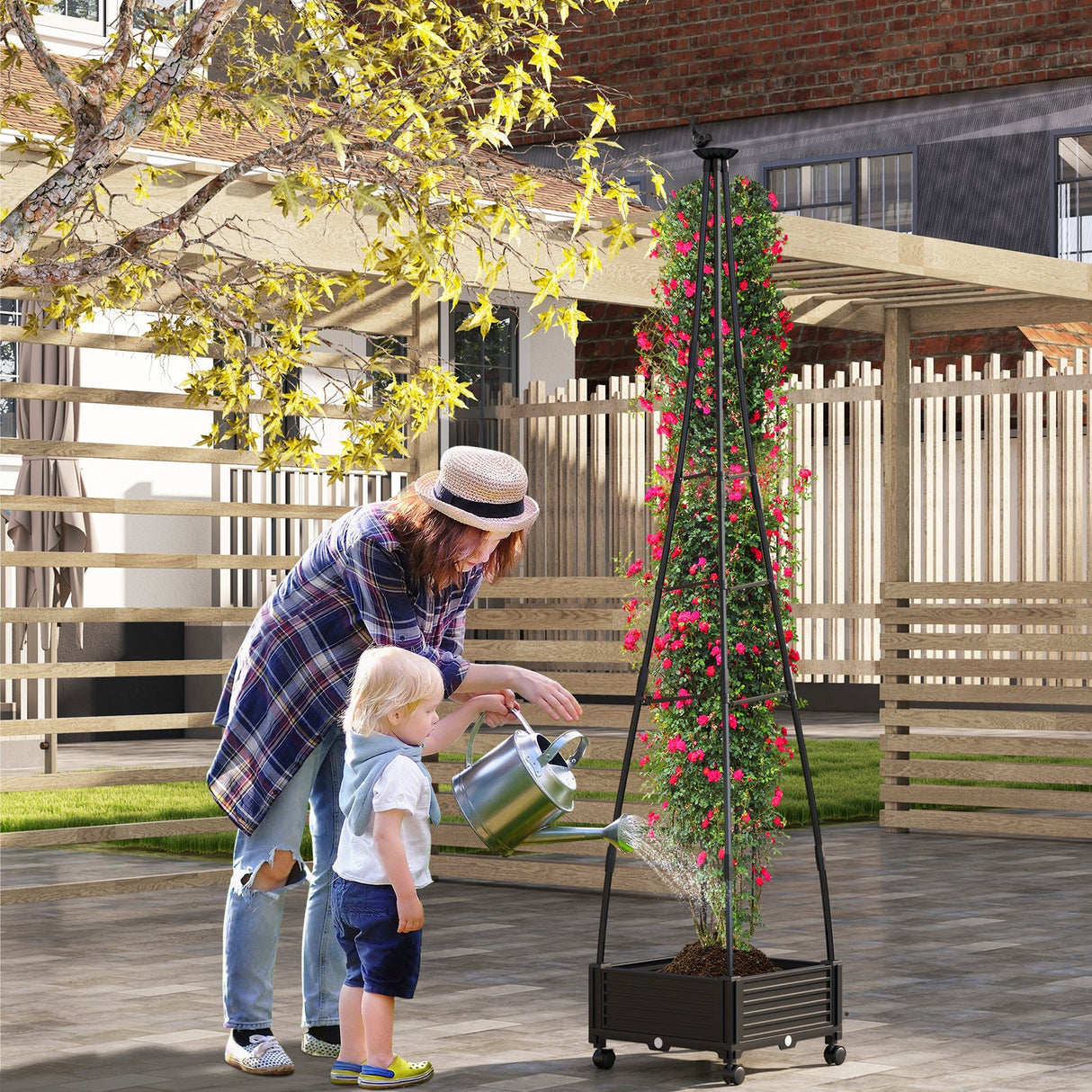 Obelisco para jardín con sistema de autorriego para plantas trepadoras - Negro