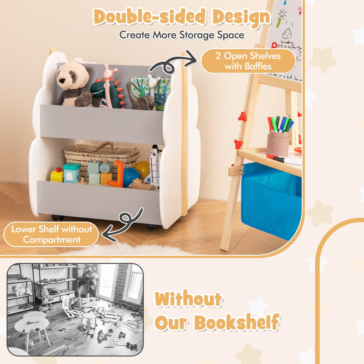 Estantería de madera para niños con ruedas universales