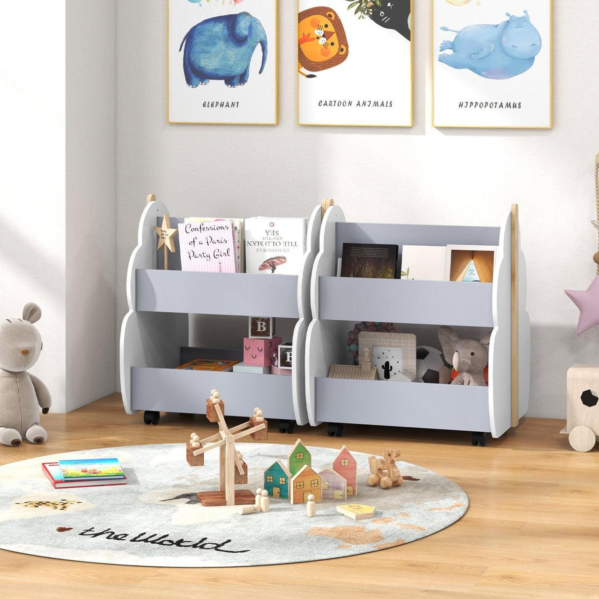 Estantería de madera para niños con ruedas universales