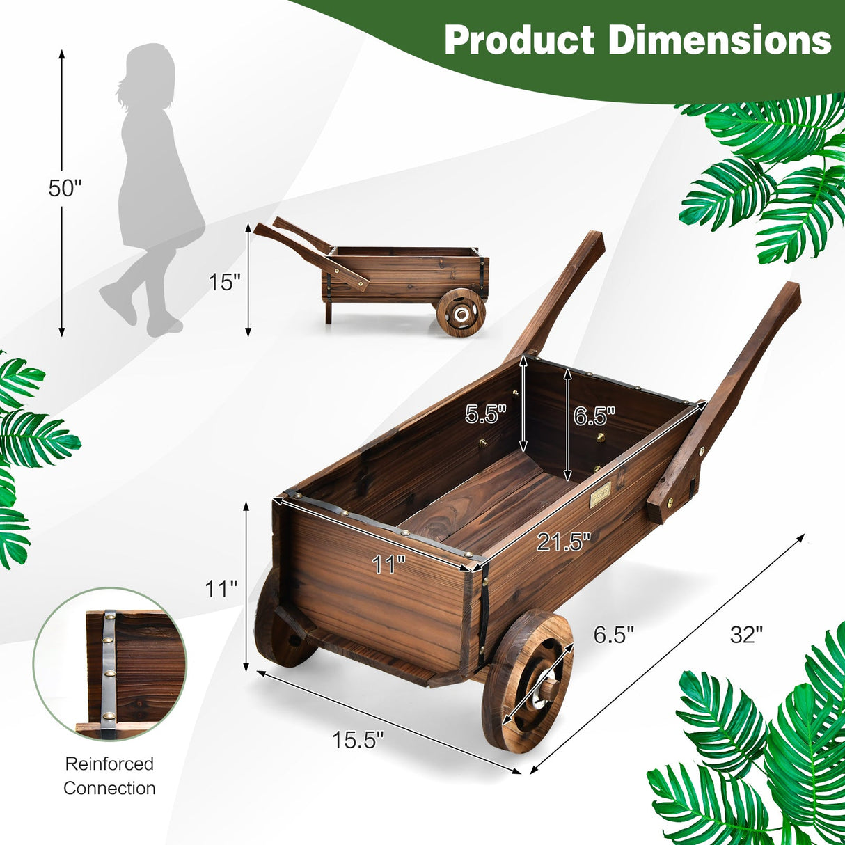 Cajonera Jardinera de Madera con Ruedas Asas y Orificio de Drenaje - Marrón Rústico