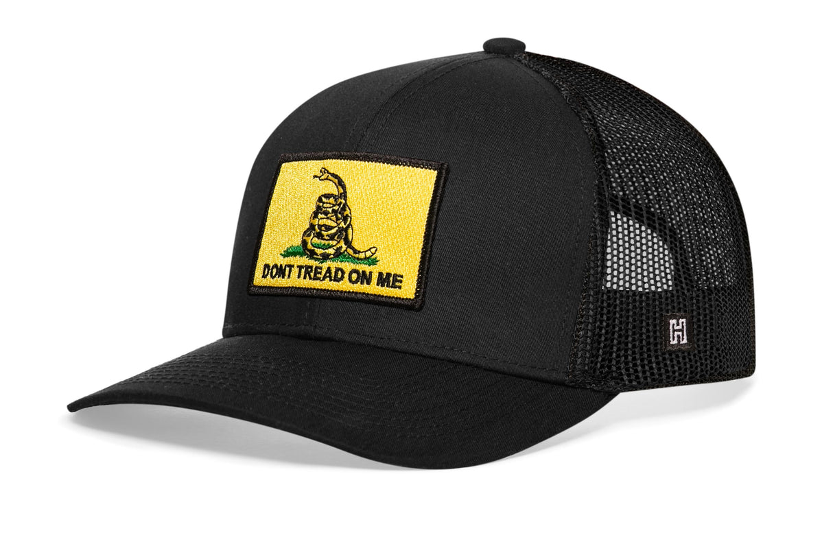 Dont Tread On Me Trucker Hat | Black Gadsden Flag Yellow Snapback