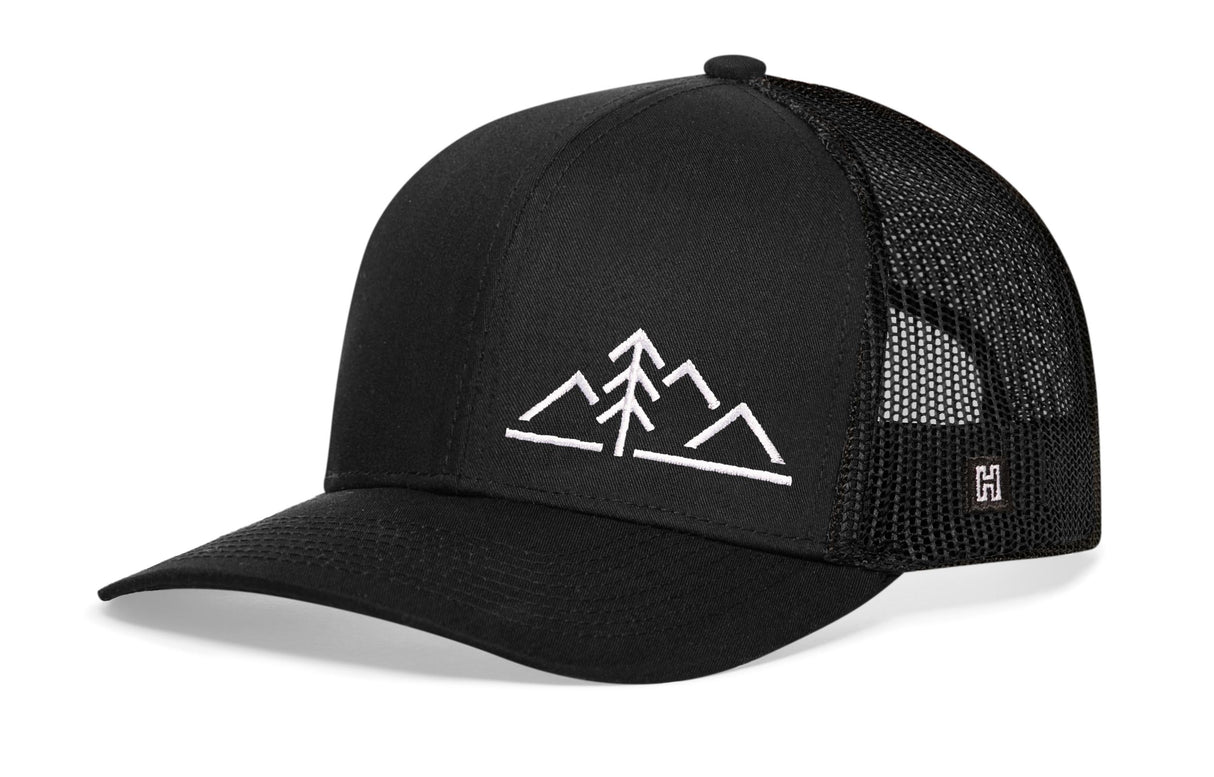Mountains with Pine Tree Trucker Hat | Black Outdoors Snapback