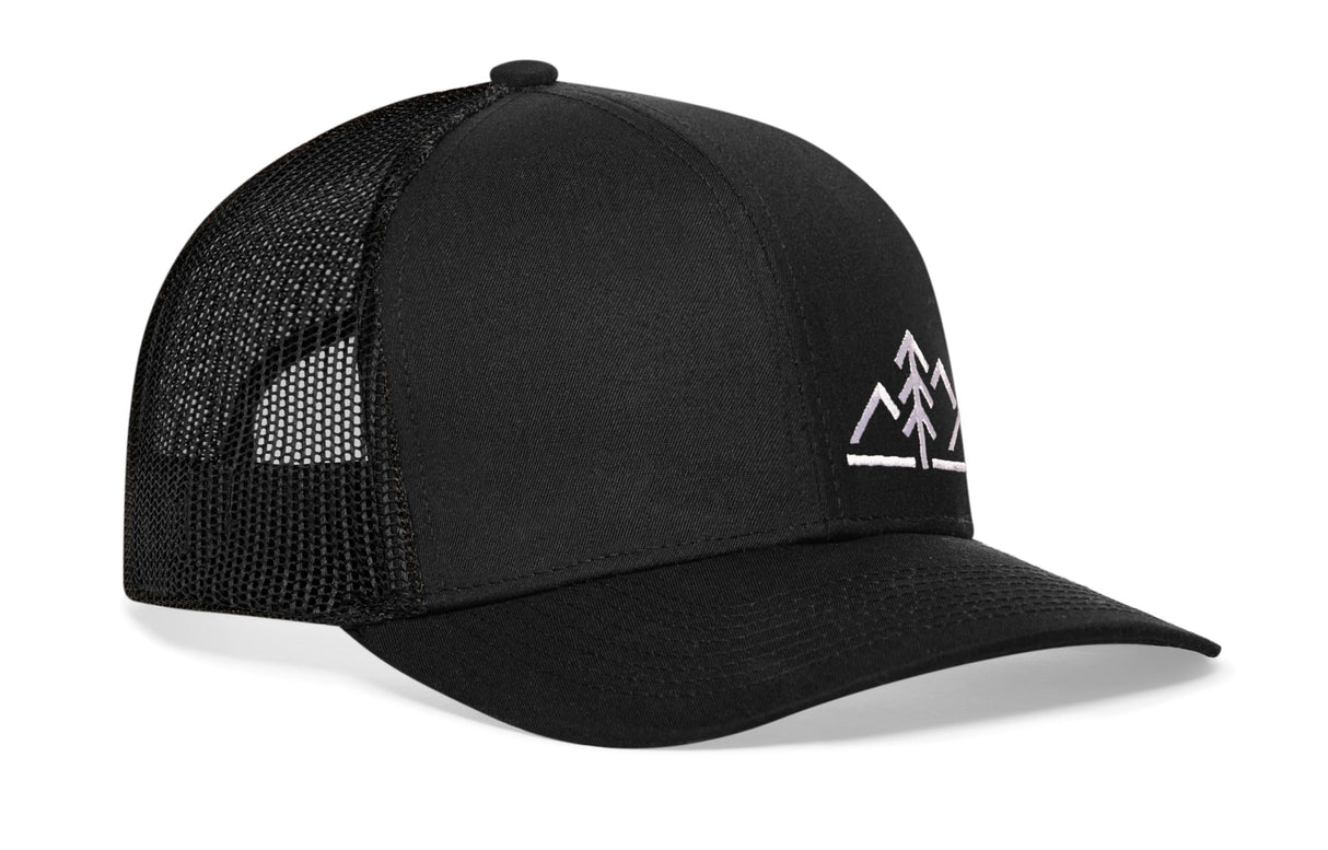 Mountains with Pine Tree Trucker Hat | Black Outdoors Snapback