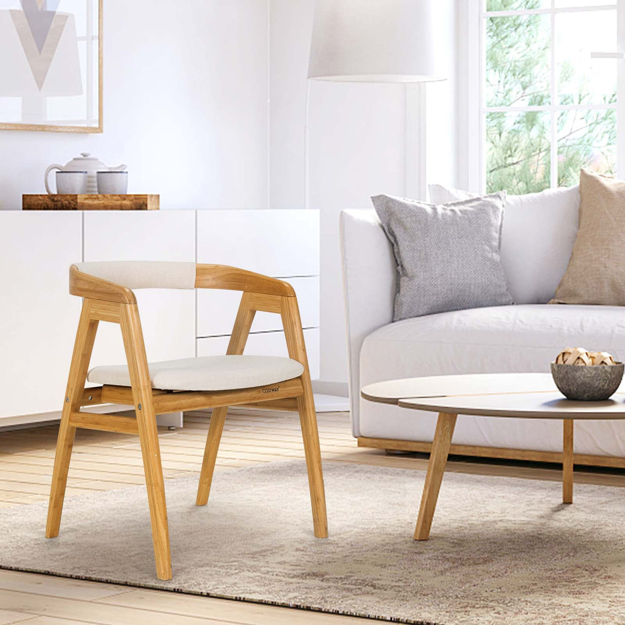 Silla de comedor de bambú para ocio con respaldo curvo y almohadillas antideslizantes para los pies - Natural