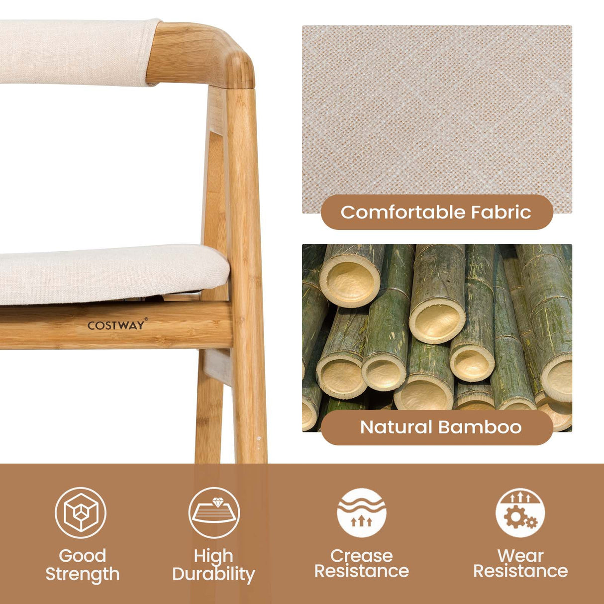 Silla de comedor de bambú para ocio con respaldo curvo y almohadillas antideslizantes para los pies - Natural