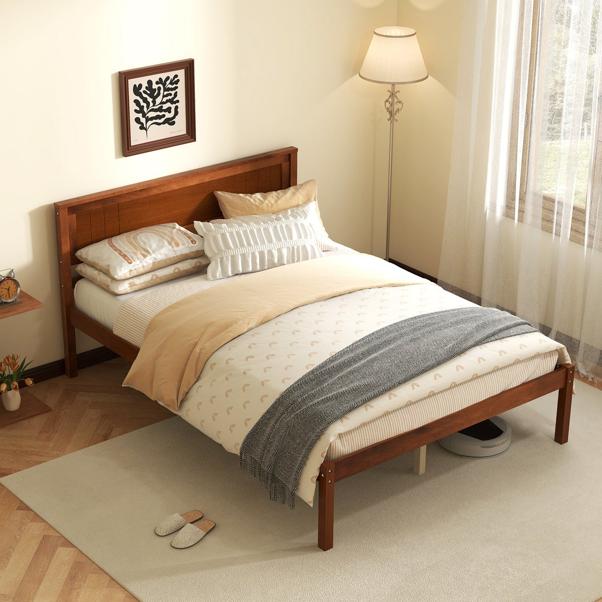Estructura de cama Twin/Full/Queen con cabecera de madera y soporte de listones