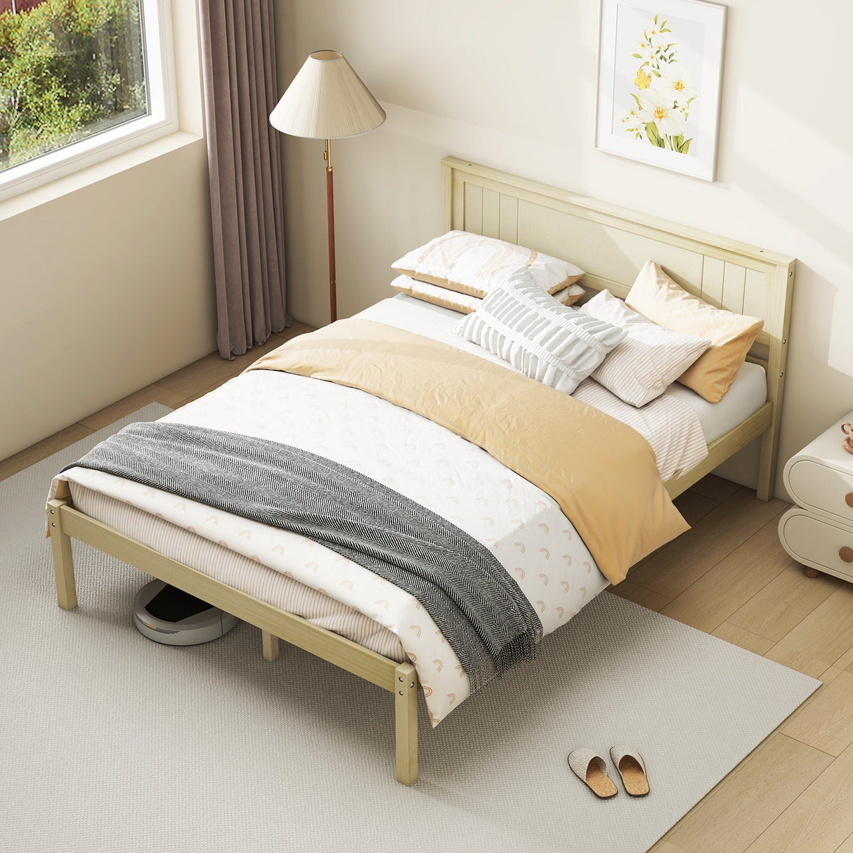 Marco de cama de madera tamaño Twin/Full/Queen con cabecera y soporte de listones