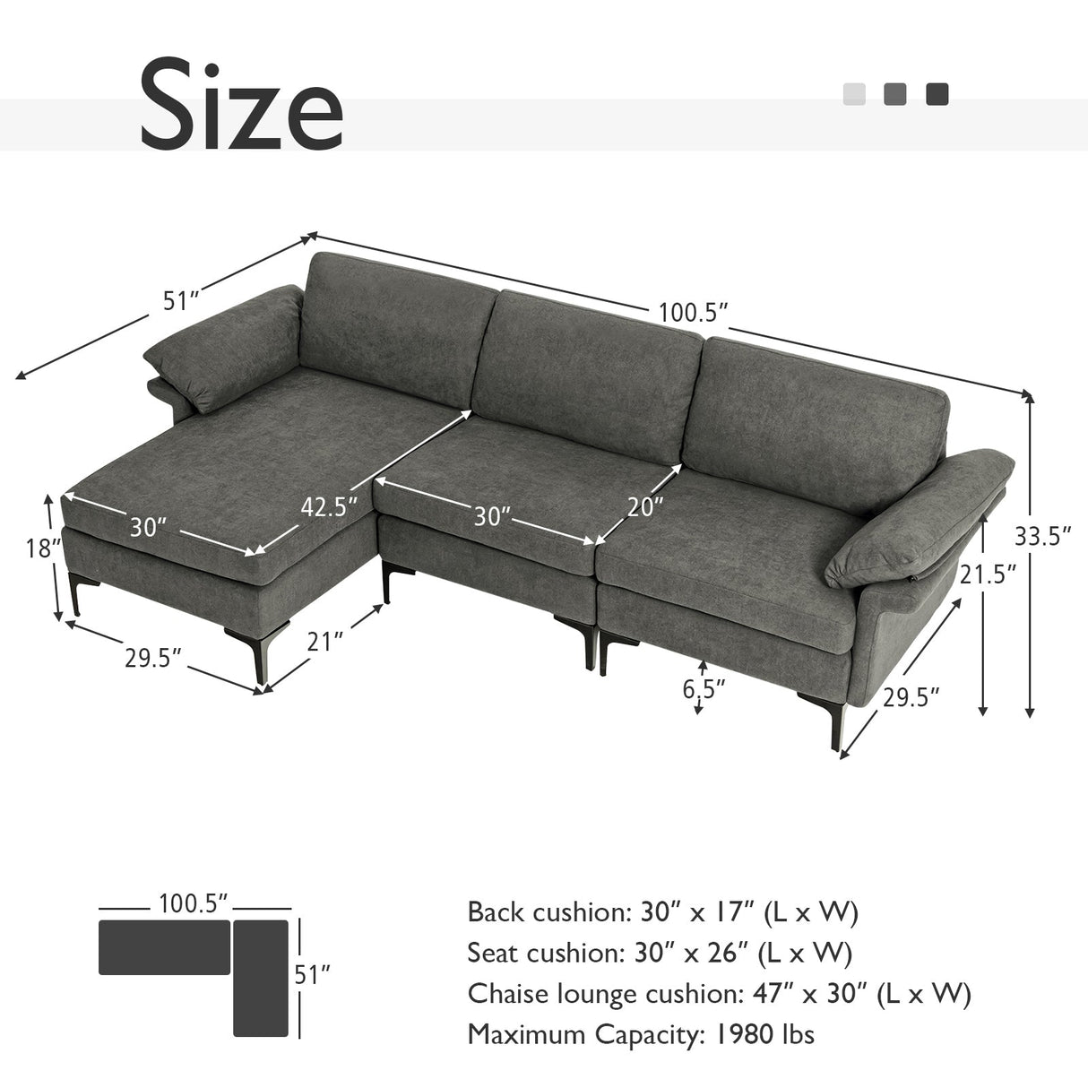 Sofá seccional modular extra grande en forma de L con chaise reversible para 4-5 personas