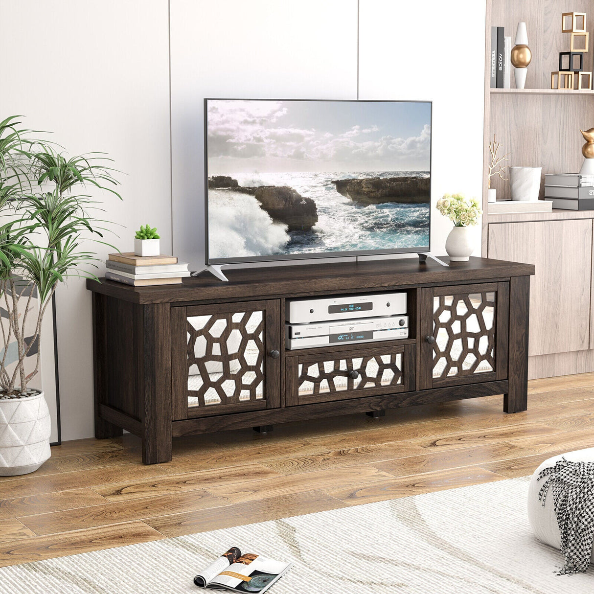 Mueble de TV/Centro de Entretenimiento Retro de 55 Pulgadas con Puertas de Espejo y Cajón