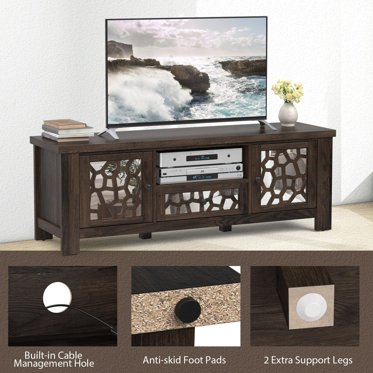 Mueble de TV/Centro de Entretenimiento Retro de 55 Pulgadas con Puertas de Espejo y Cajón