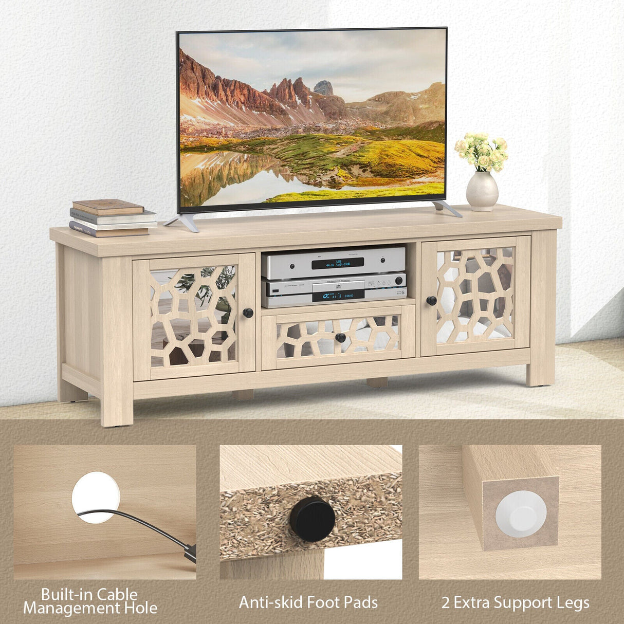 Mueble de TV/Centro de Entretenimiento Retro de 55 Pulgadas con Puertas de Espejo y Cajón