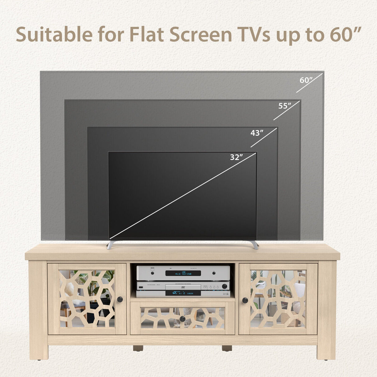 Mueble de TV/Centro de Entretenimiento Retro de 55 Pulgadas con Puertas de Espejo y Cajón