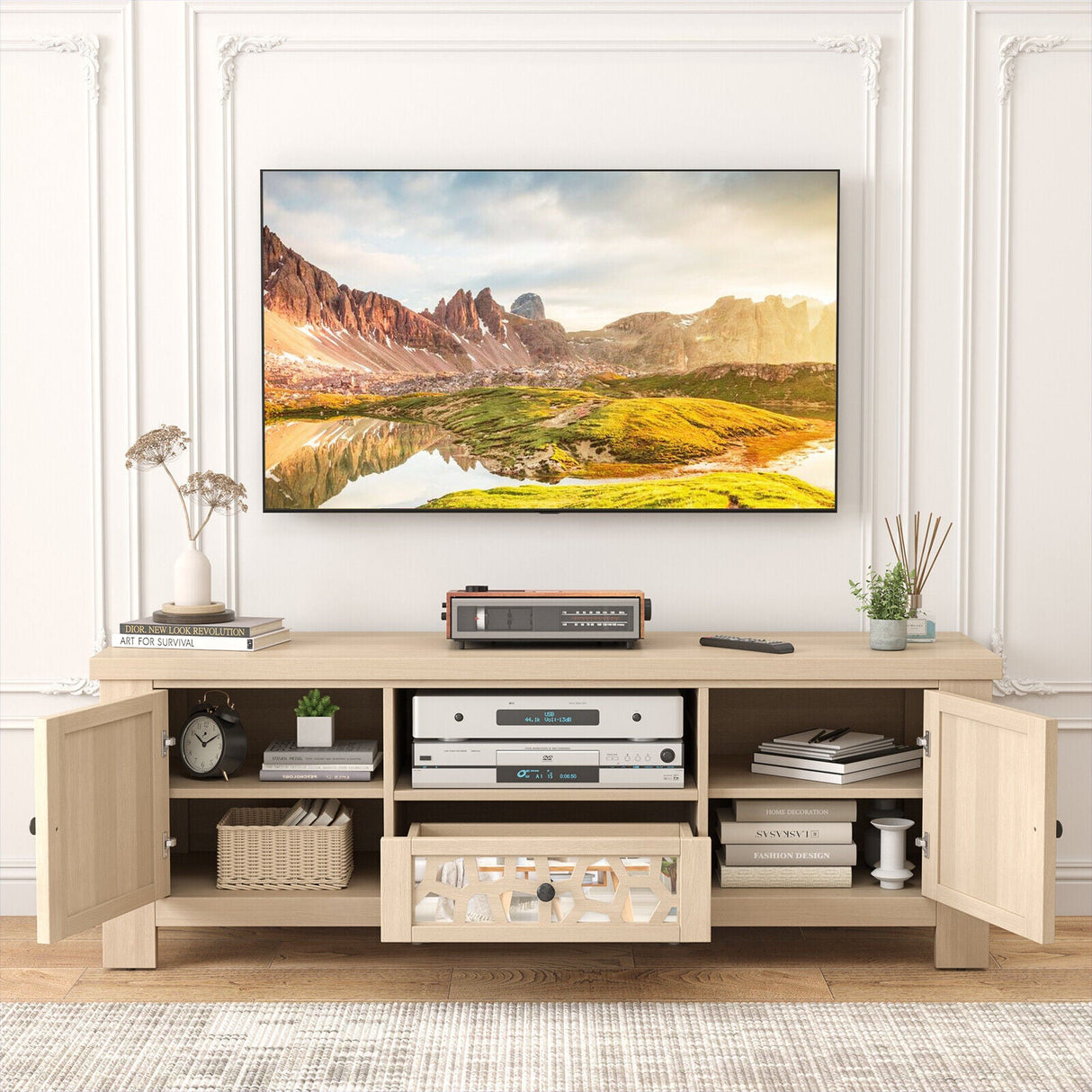 Mueble de TV/Centro de Entretenimiento Retro de 55 Pulgadas con Puertas de Espejo y Cajón