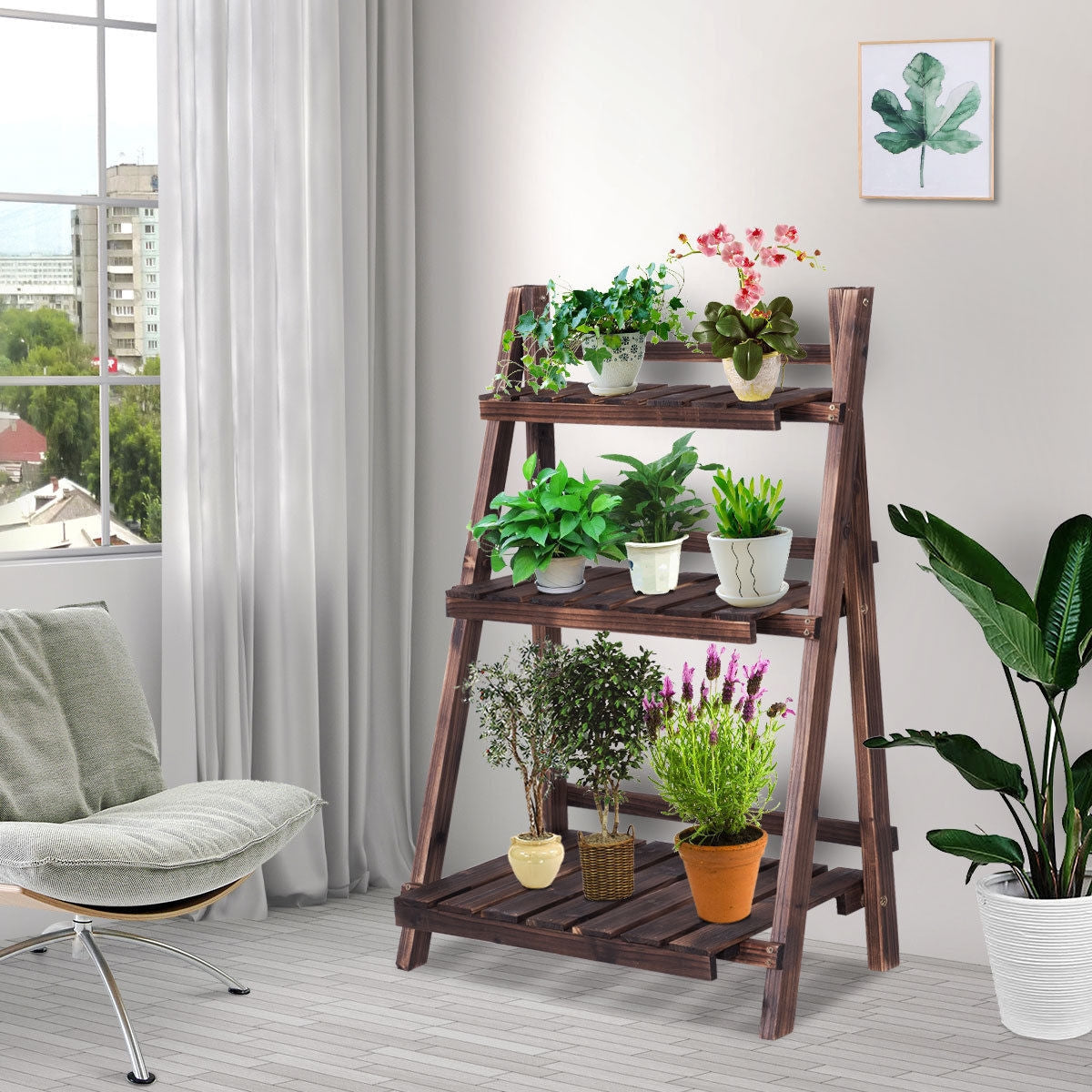 Expositor plegable de madera de 3 niveles para flores de exterior