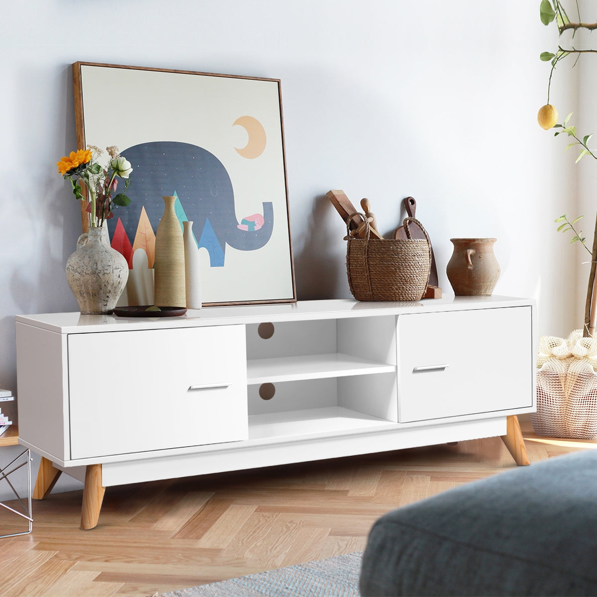 Mueble de TV de Madera con 2 Armarios de Almacenamiento y 2 Estantes Abiertos para TV de 60 Pulgadas