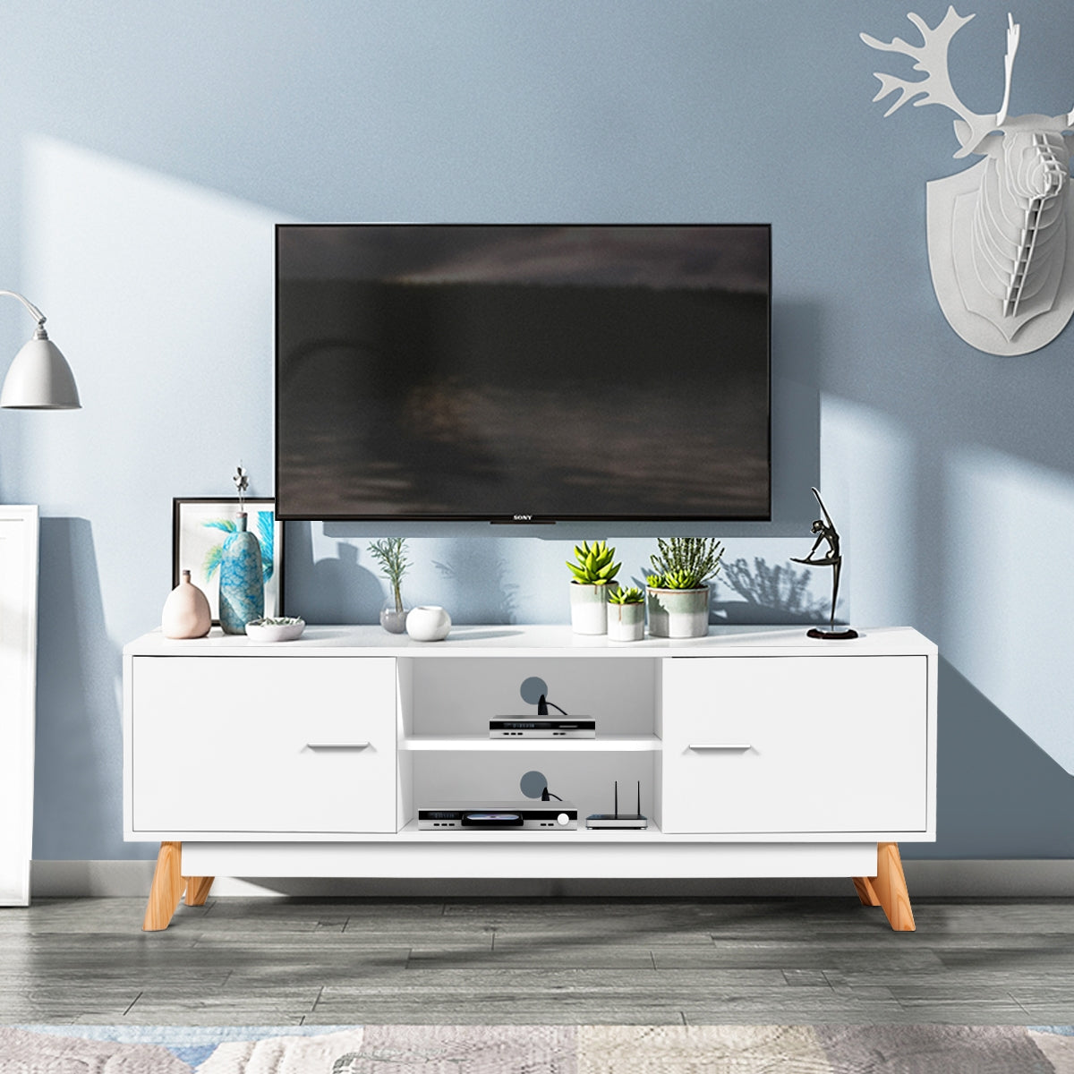 Mueble de TV de Madera con 2 Armarios de Almacenamiento y 2 Estantes Abiertos para TV de 60 Pulgadas