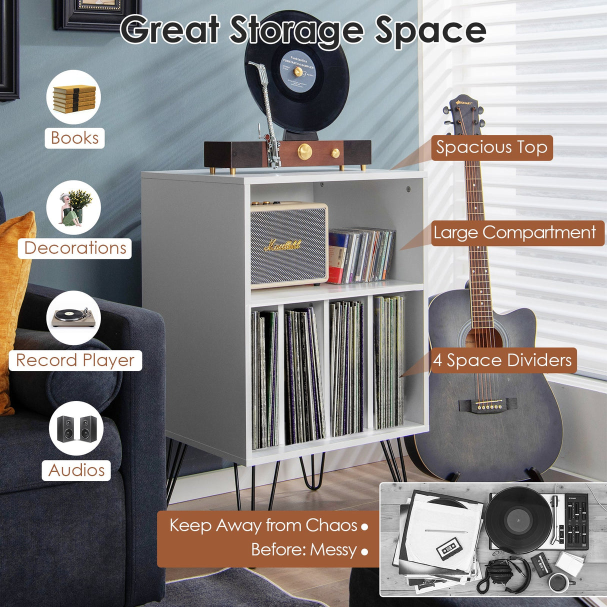 Mueble para tocadiscos independiente, armario para discos con patas de metal - blanco