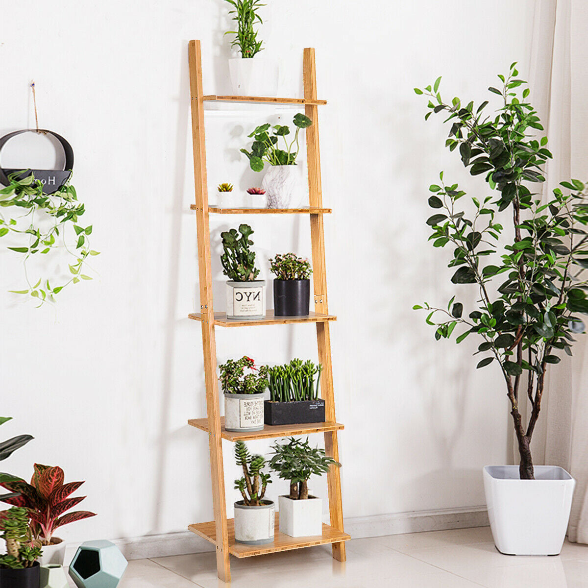 Estantería/Expositor de pared moderno de bambú de 5 niveles con diseño de escalera