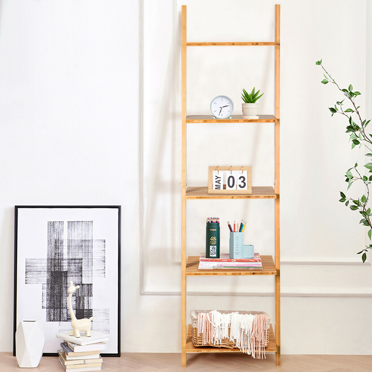 Estantería/Expositor de pared moderno de bambú de 5 niveles con diseño de escalera