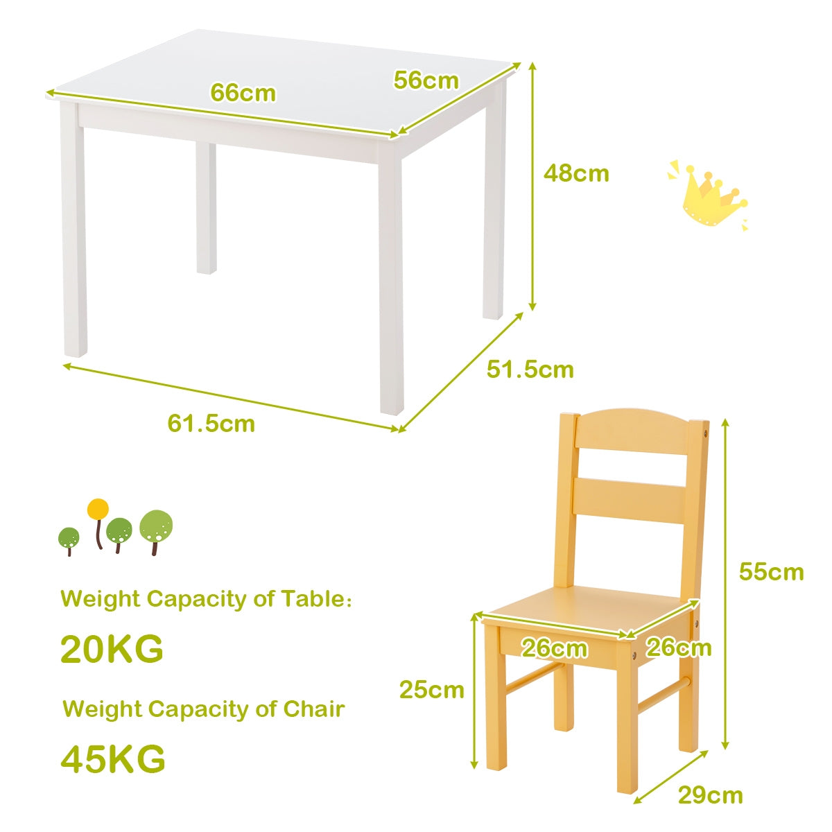 Juego de mesa y 5 sillas de madera de pino para niños