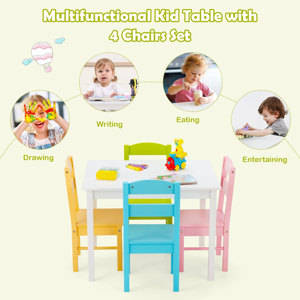 Juego de mesa y 5 sillas de madera de pino para niños