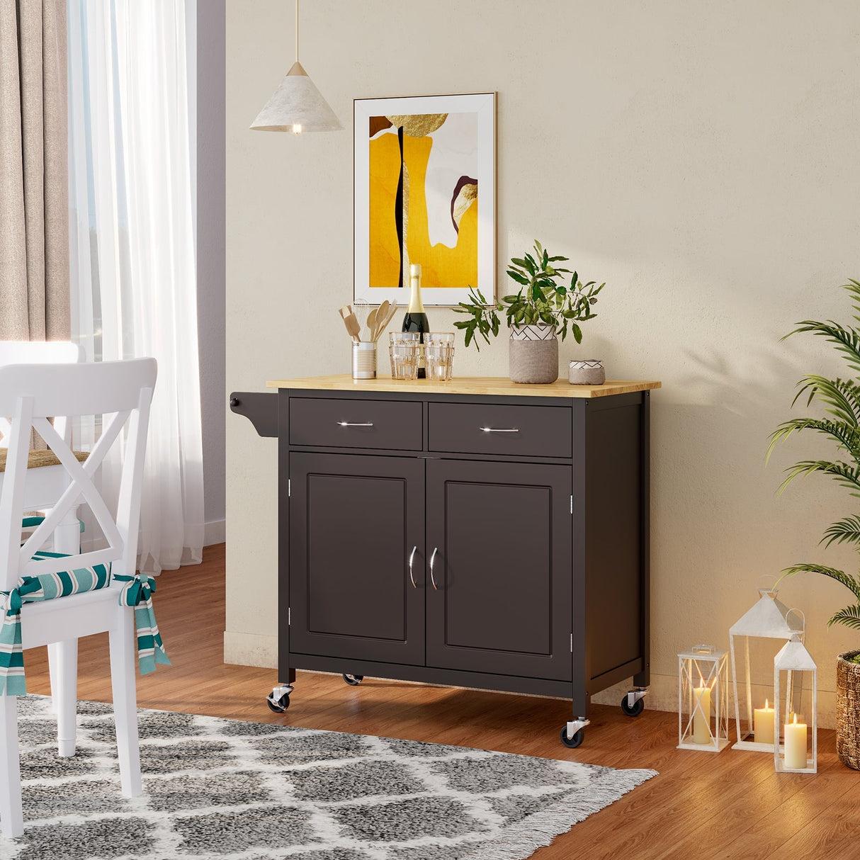 Isla de cocina moderna con ruedas y encimera de madera