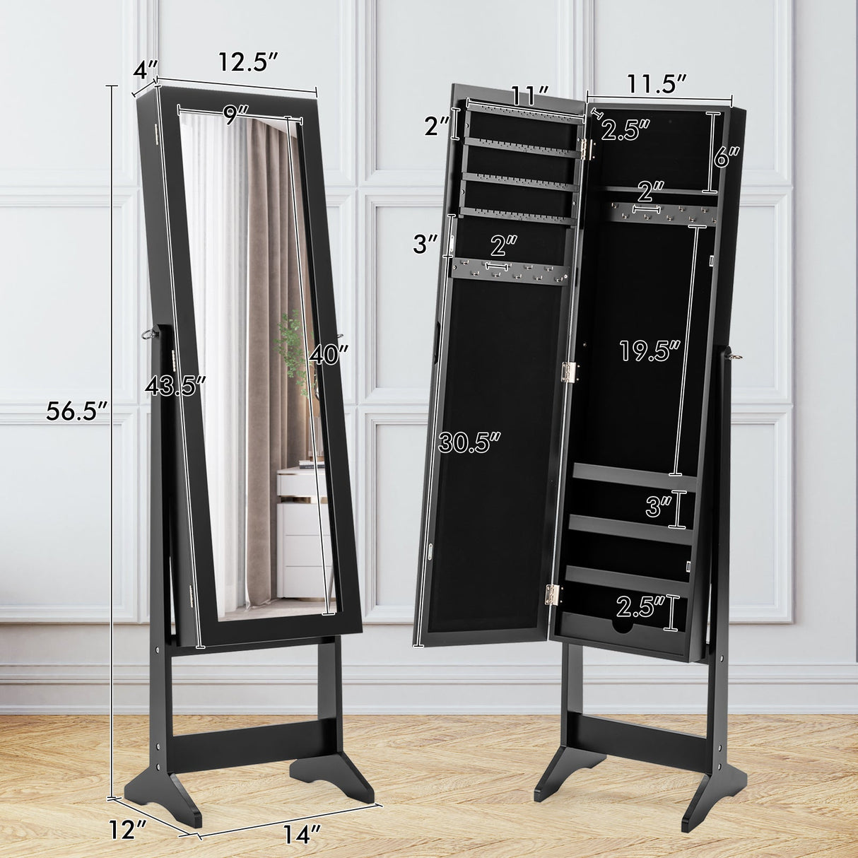 Gabinete de joyería de pie con espejo