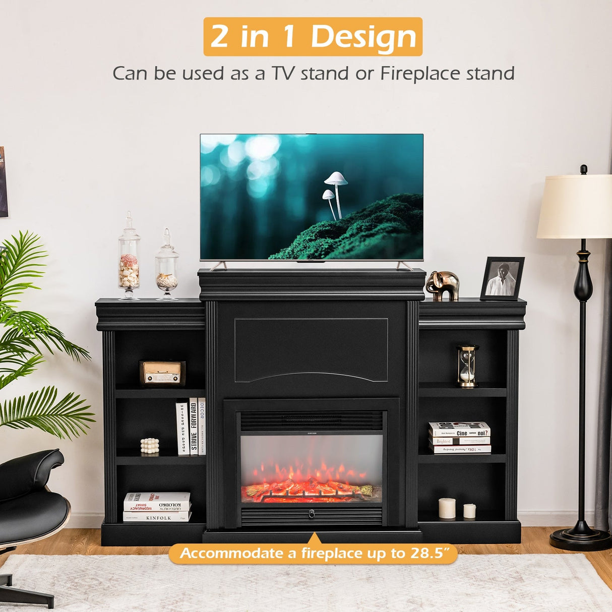 Centro de entretenimiento multimedia con chimenea y librería, moderno, de 70 pulgadas