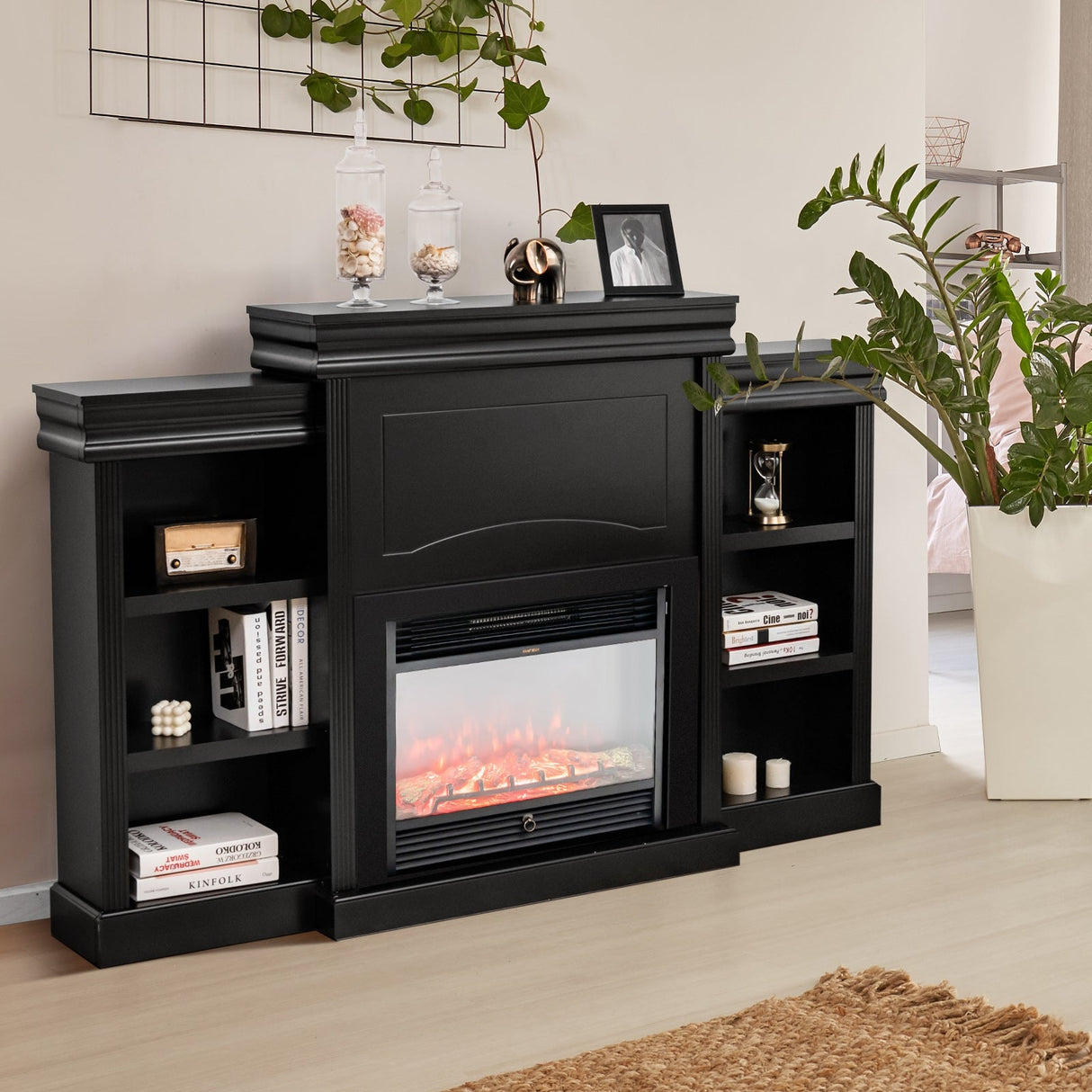 Centro de entretenimiento multimedia con chimenea y librería, moderno, de 70 pulgadas