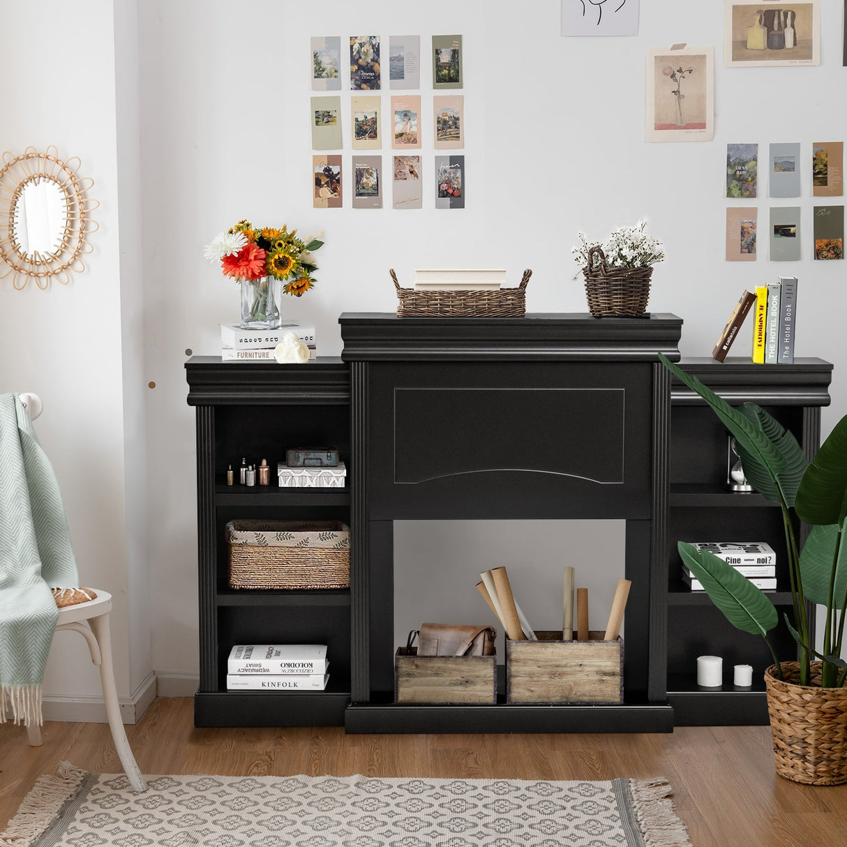 Centro de entretenimiento multimedia con chimenea y librería, moderno, de 70 pulgadas