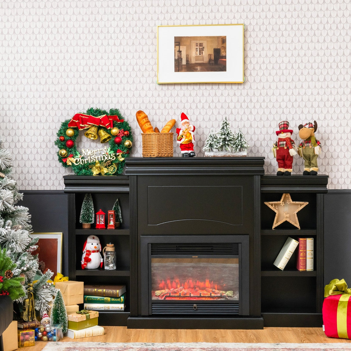 Centro de entretenimiento multimedia con chimenea y librería, moderno, de 70 pulgadas