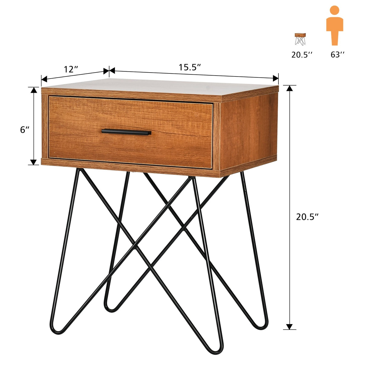 Mesa auxiliar/de noche con almacenamiento, exhibición, patas de acero y 1 cajón