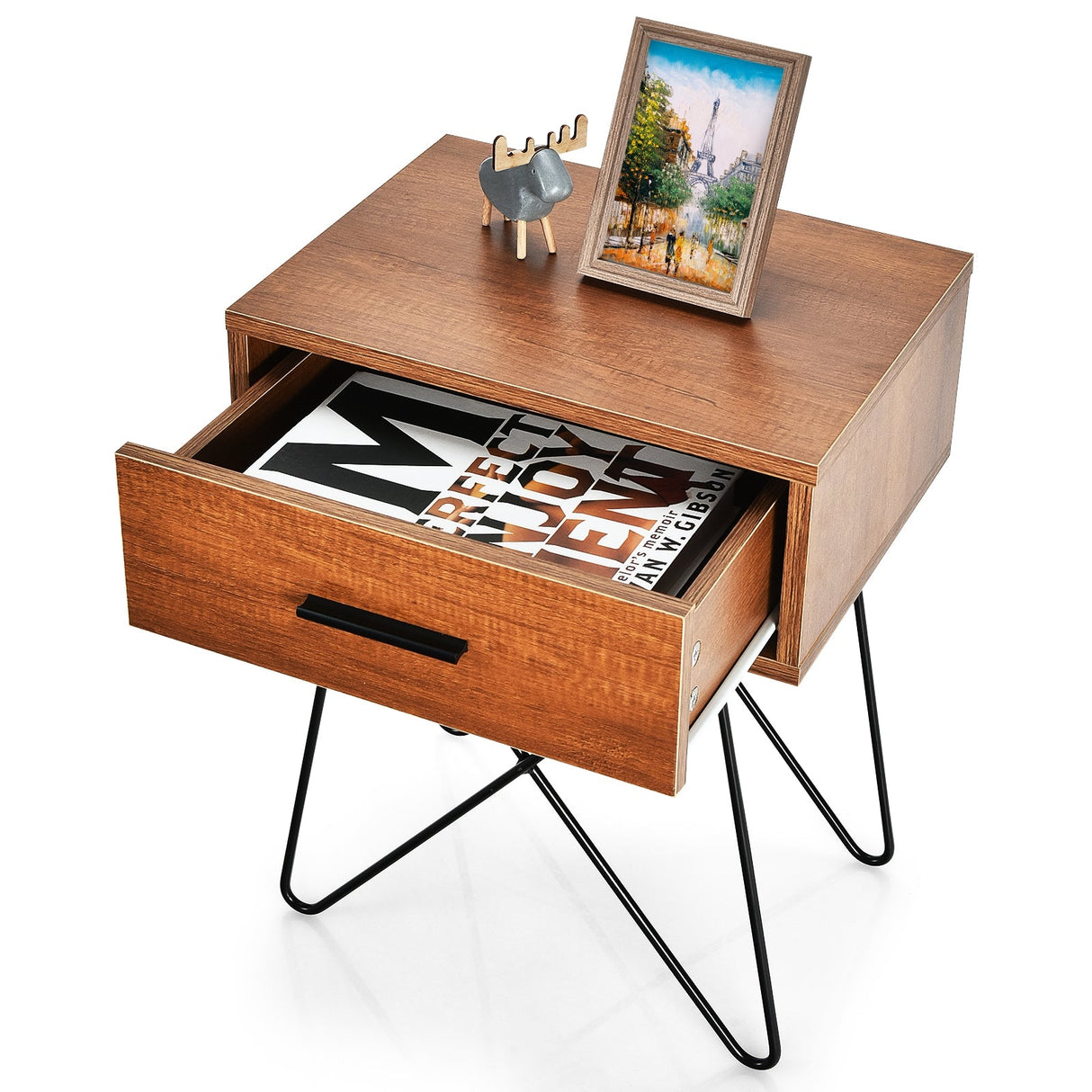 Mesa auxiliar/de noche con almacenamiento, exhibición, patas de acero y 1 cajón