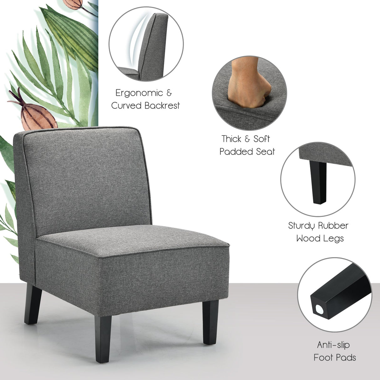 Sillón decorativo moderno sin brazos con patas de madera de caucho